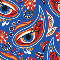 Folkloric Seamless Pattern with   Mystical Eye on Indian Cucumber, Nature Inspired Design Element. Ornate Abstract Floral Pattern. Endless Texture for Fabric, Wallpaper etc. Vector Illustration