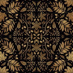 Golden art decoration illustration. Banner for decor, print, textile, wallpaper, interior design. cover background. Luxury seamless pattern with gold leaves.