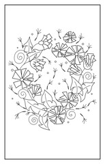 Beautiful abstract dandelions. A wreath of blooming flowers, leaves, swirls and other elements.