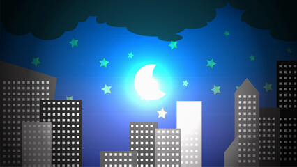Glowing moonlight over the city with dark blue purple color sky.