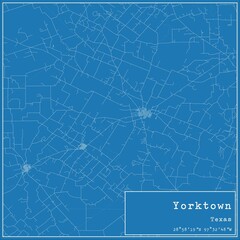 Blueprint US city map of Yorktown, Texas.