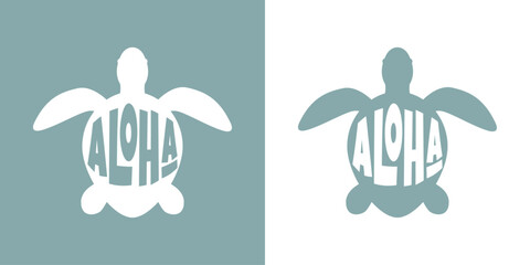 Logo vacaciones en Hawái. Silueta de tortuga marina con letras de la palabra aloha con letras estilo hawaiano - obrazy, fototapety, plakaty