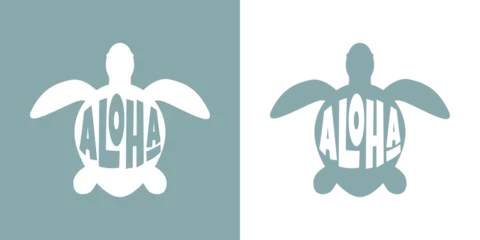 Fototapeten Logo vacaciones en Hawái. Silueta de tortuga marina con letras de la palabra aloha con letras estilo hawaiano © teracreonte