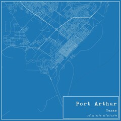 Blueprint US city map of Port Arthur, Texas.