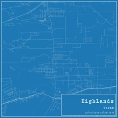 Blueprint US city map of Highlands, Texas.