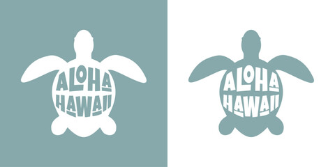 Logo vacaciones en Hawái. Silueta de tortuga marina con letras de la palabra aloha Hawaii con letras estilo hawaiano