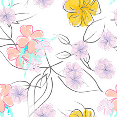 Pink Flowers Blooming Pattern. Pastel Watercolor.