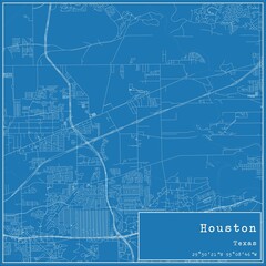 Blueprint US city map of Houston, Texas.