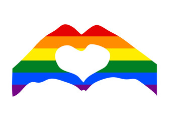Logo lgbt. Mes del orgullo. Silueta aislada de manos haciendo forma de corazón con los colores de la bandera arco iris