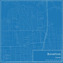 Blueprint US city map of Houston, Texas.