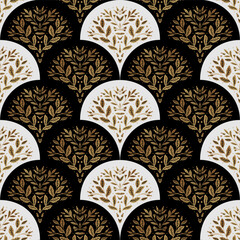 Golden art decoration illustration. Banner for decor, print, textile, wallpaper, interior design. cover background. Luxury seamless pattern with gold leaves.