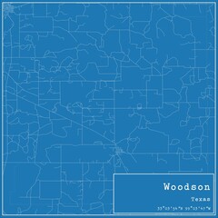 Blueprint US city map of Woodson, Texas.
