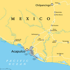 Acapulco and surroundings, political map. Acapulco de Juarez, city and major port of call in state of Guerrero on the Pacific Coast of Mexico. Popular tourist spot and port of call for cruise ships.