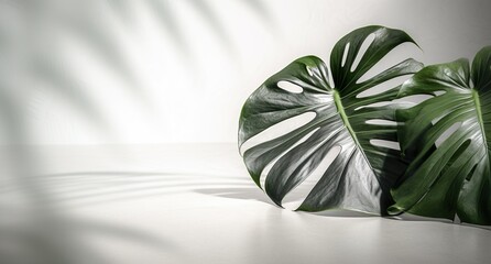 Blank clean polished gray wall and floor, green monstera leaf  in dappled sunlight, shadow for luxury interior design decoration, product display background