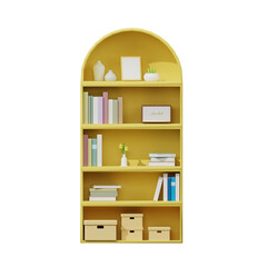 3D yellow bookshelf with books and decor, 3D bookshelf. 3D rendering