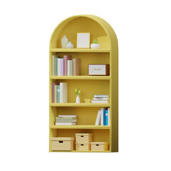 3D yellow bookshelf with books and decor, 3D bookshelf. 3D rendering