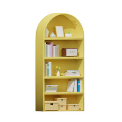 3D yellow bookshelf with books and decor, 3D bookshelf. 3D rendering