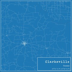 Blueprint US city map of Clarksville, Texas.
