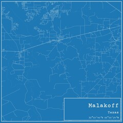 Blueprint US city map of Malakoff, Texas.