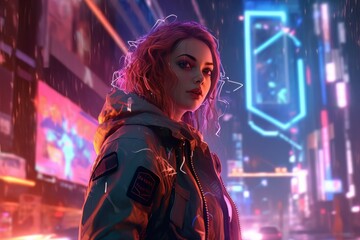 Obraz na płótnie Canvas Beautiful girl in cyberpunk style on the background of the city in neon lights Ai Generative AI