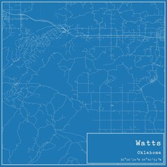 Blueprint US city map of Watts, Oklahoma.