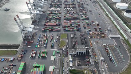 Le Havre, 19th of May 2023, France. The container harbor terminal of le Havre in France. Top down view.