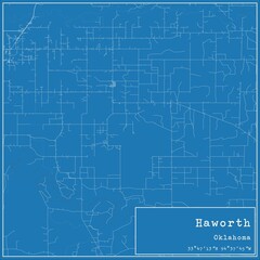 Blueprint US city map of Haworth, Oklahoma.