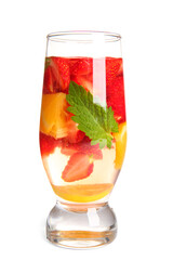 Glass of infused water sliced strawberry and orange on white background