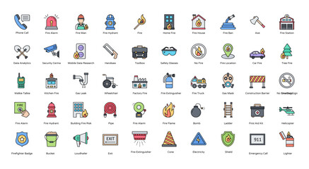 Fire Department Line Color Icons Firefighter Icon Set in Filled Outline Style 50 Vector Icons