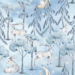 Fairytale forest seamless pattern. Moon, stars, hare, white deer, forest on a blue watercolor background.
