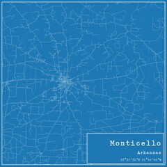 Blueprint US city map of Monticello, Arkansas.