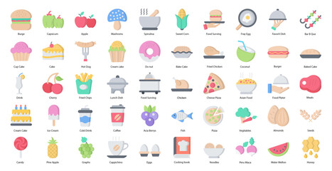 Food Flat Icons Burger Cake Baking Iconset in Filled Color Style 50 Vector Icons