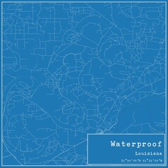 Blueprint US city map of Waterproof, Louisiana.