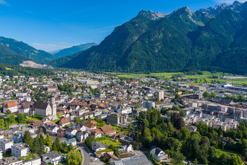 Obraz premium City of Bludenz in the Walgau Valley in the State of Vorarlberg, Austria. Drone Picture