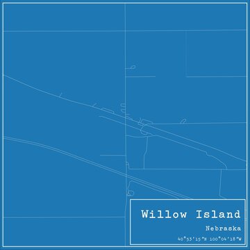Blueprint US city map of Willow Island, Nebraska.