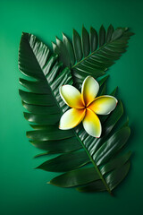 Obraz premium Frangipani flower and lush tropical leaves. AI generative illustration