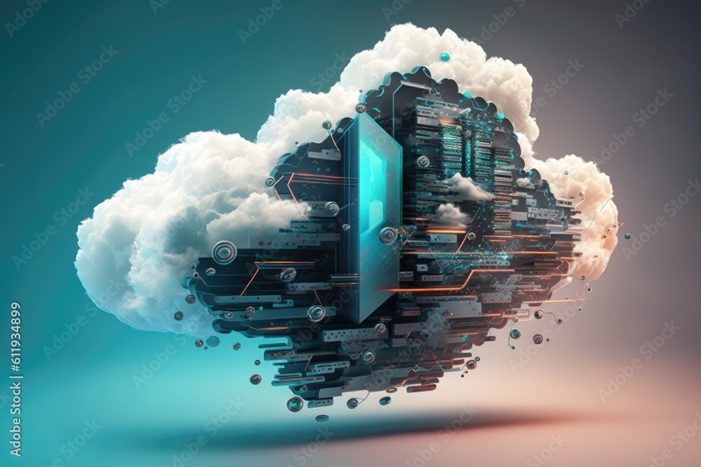 Aufkleber digital hardware shrouded in a white cloud. the concept of cloud computing