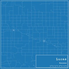 Blueprint US city map of Lucas, Kansas.