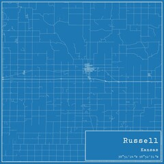 Blueprint US city map of Russell, Kansas.