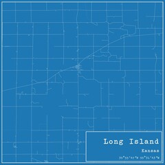Blueprint US city map of Long Island, Kansas.