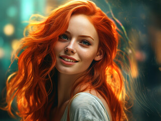 Fototapeta premium Portrait of a very cute smiling red-haired young woman. Generative AI
