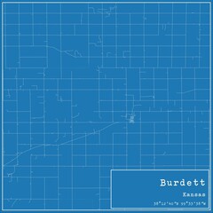 Blueprint US city map of Burdett, Kansas.