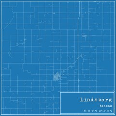 Blueprint US city map of Lindsborg, Kansas.