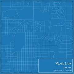 Blueprint US city map of Wichita, Kansas.