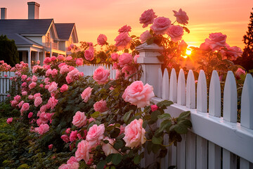 A bouquet of pink roses growing next to a white fence. Generative AI