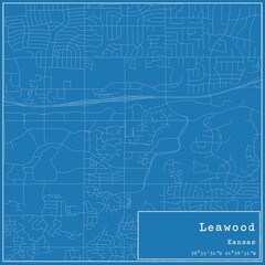 Blueprint US city map of Leawood, Kansas.