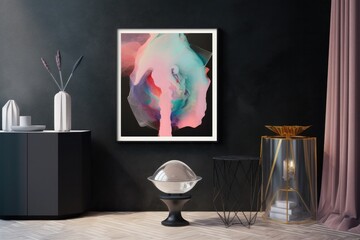 Abstract artwork in picture frame, vase on marble table. Concept: Contemporary art and creative expression. Generative AI