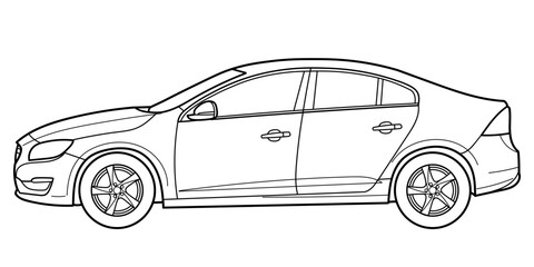 classic sedan car. Different five view shot - front, rear, side and 3d. Outline doodle vector illustration - obrazy, fototapety, plakaty