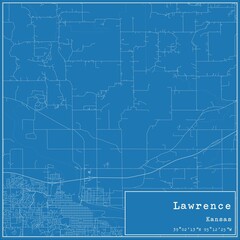 Blueprint US city map of Lawrence, Kansas.