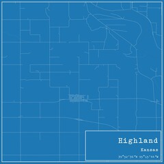 Blueprint US city map of Highland, Kansas.